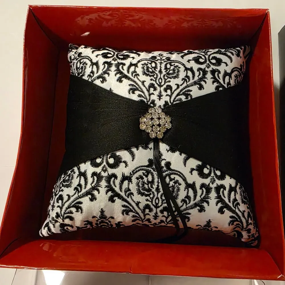 Wedding Bundle Ring Pillow Embroidered / Guest Pen Black White New Open Box